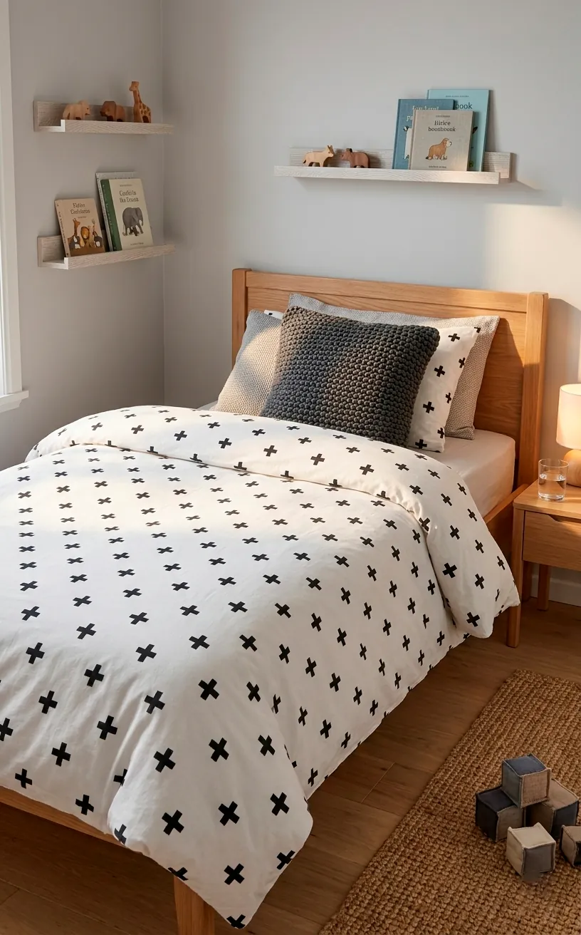 Black and white Swiss cross geometric bedding on a modern kids bed.