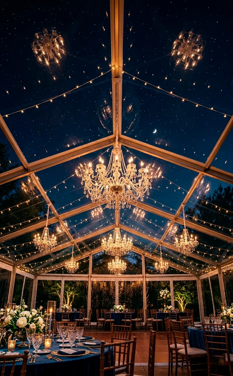 Interior view of a clear-top wedding tent at night lit by crystal chandeliers.