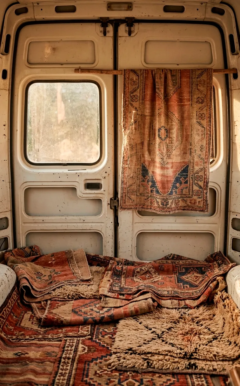Tribal rug used as a wall hanging on a van door for insulation and style.