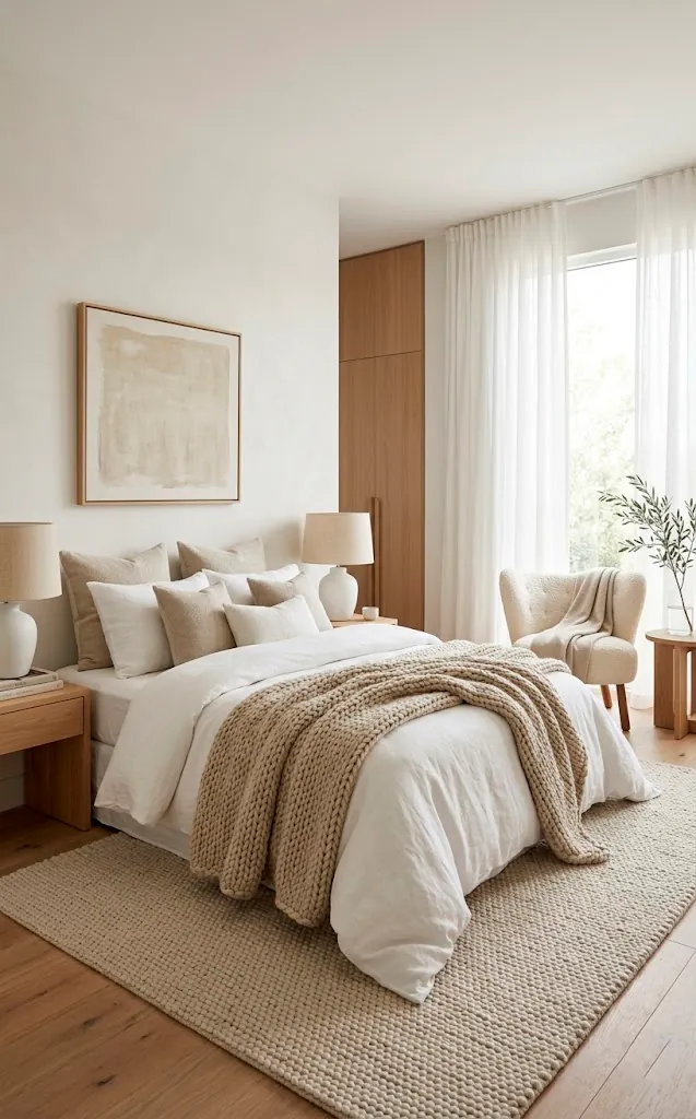 A quiet luxury bedroom featuring oatmeal and soft white linens, a boucle chair, and cozy textures.