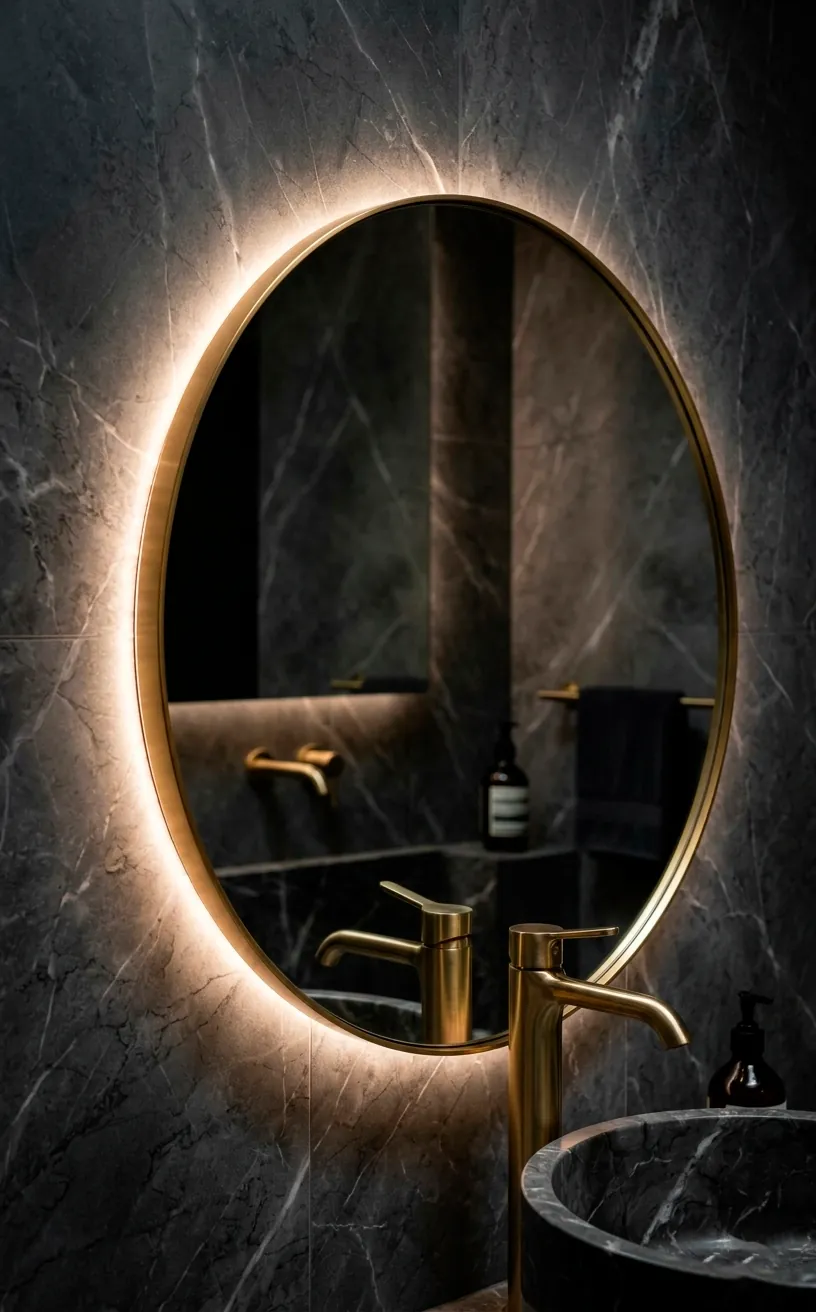 Round backlit LED mirror with a thin gold frame against a marble wall.