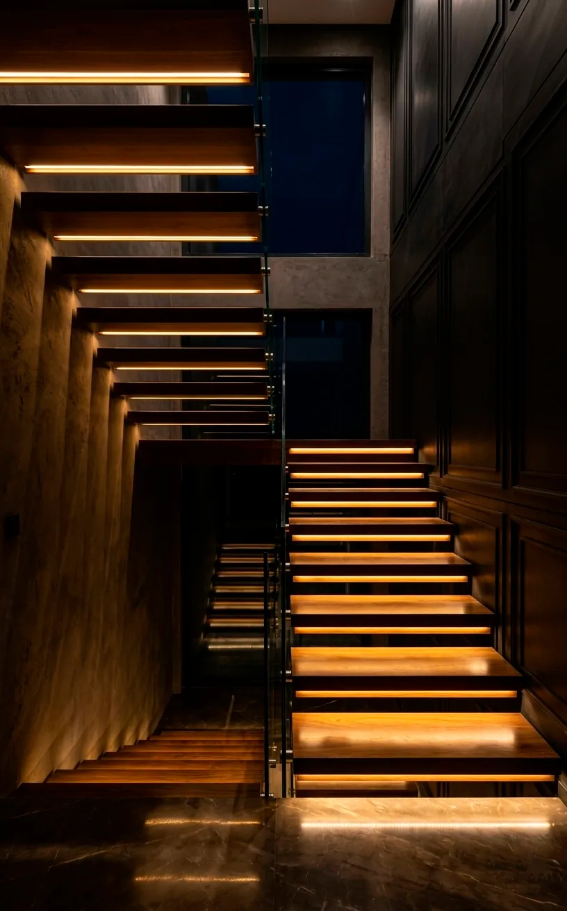 Floating stairs with hidden LED under-tread lighting creating a warm glow at night.