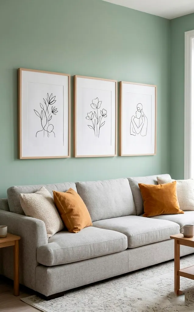 Trio of minimalist line art prints perfectly sized to two-thirds of a gray sectional sofa.