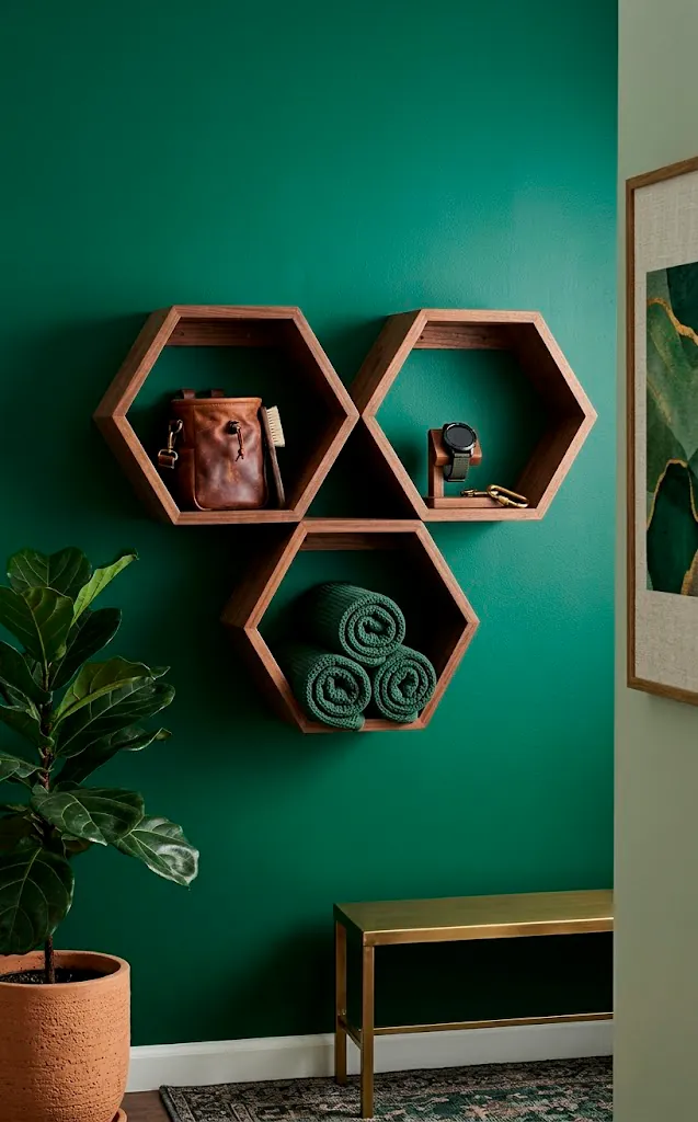 Interlocking hexagon wood floating shelves holding workout towels and gym gear.