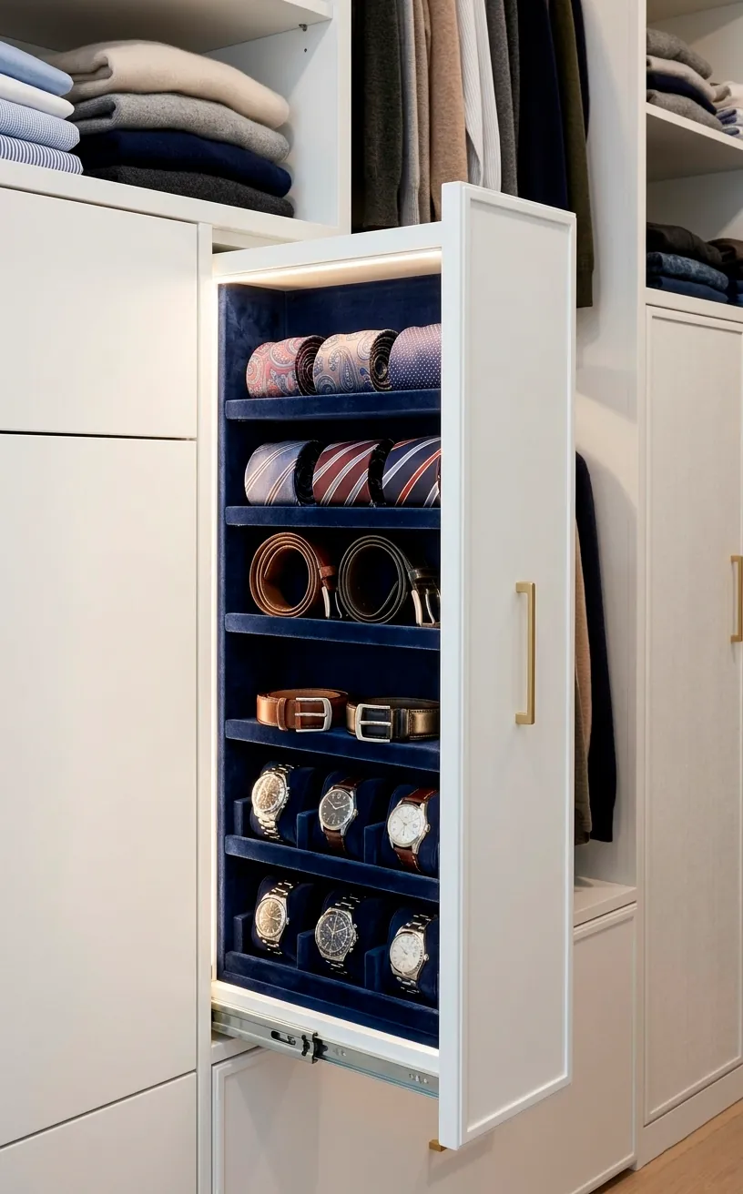 Narrow vertical pull-out drawer for accessories with gold hardware in a white closet.