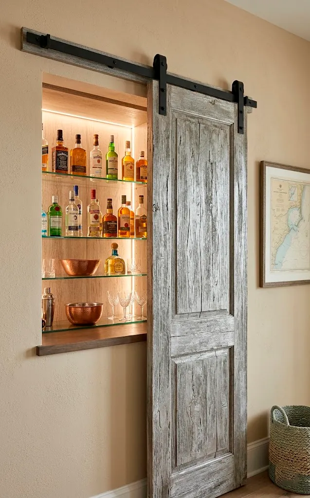 A sliding weathered gray barn door revealing a hidden home bar with illuminated glass shelves.
