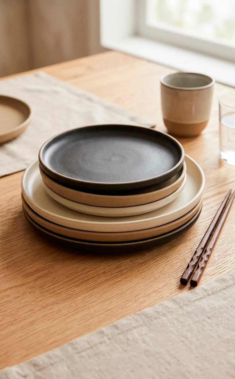 Stack of organic matte stoneware plates in earthy tones for a Japandi table.