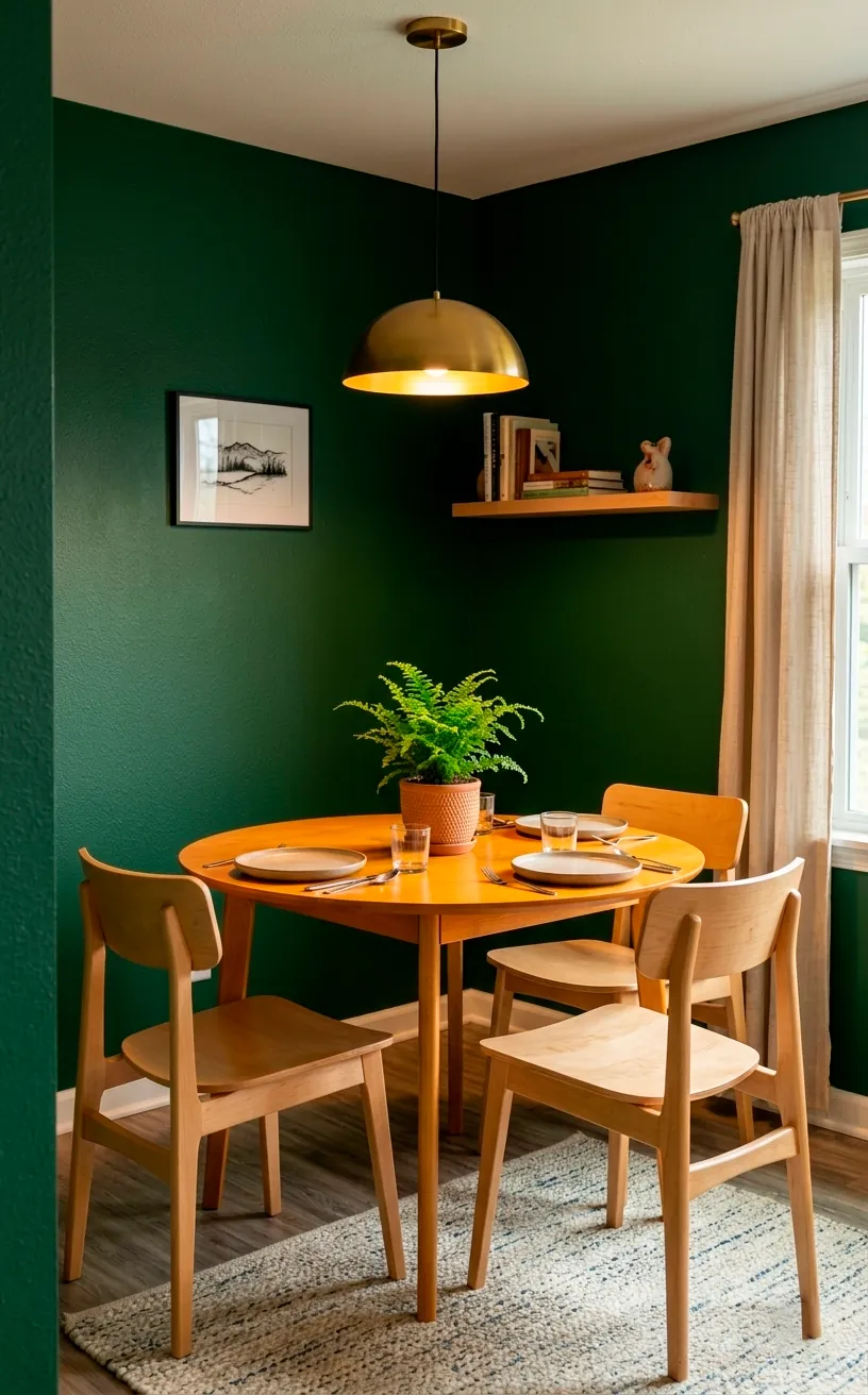 Forest green dining room featuring a beautiful round honey maple dining table and mid-century chairs.