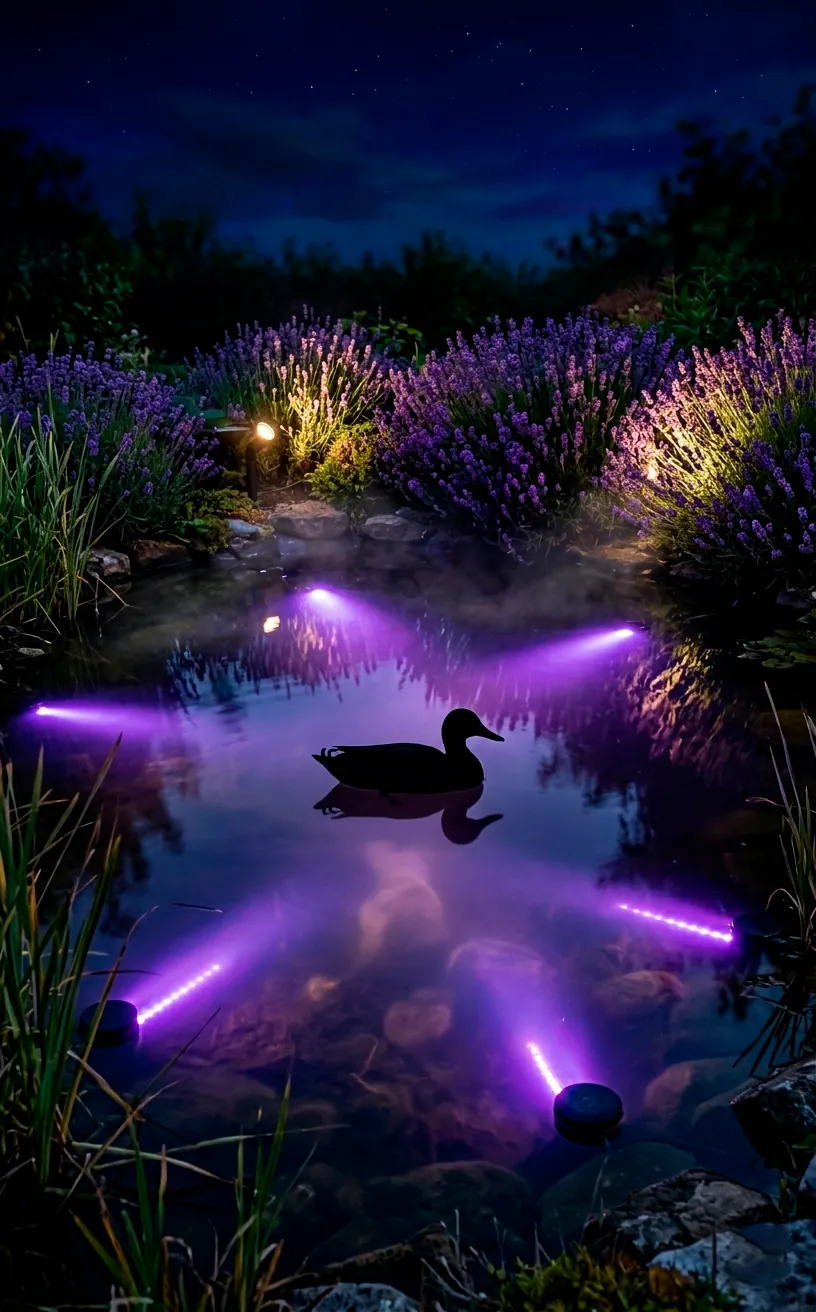Pond at night with purple LED lighting and glowing lavender bushes.