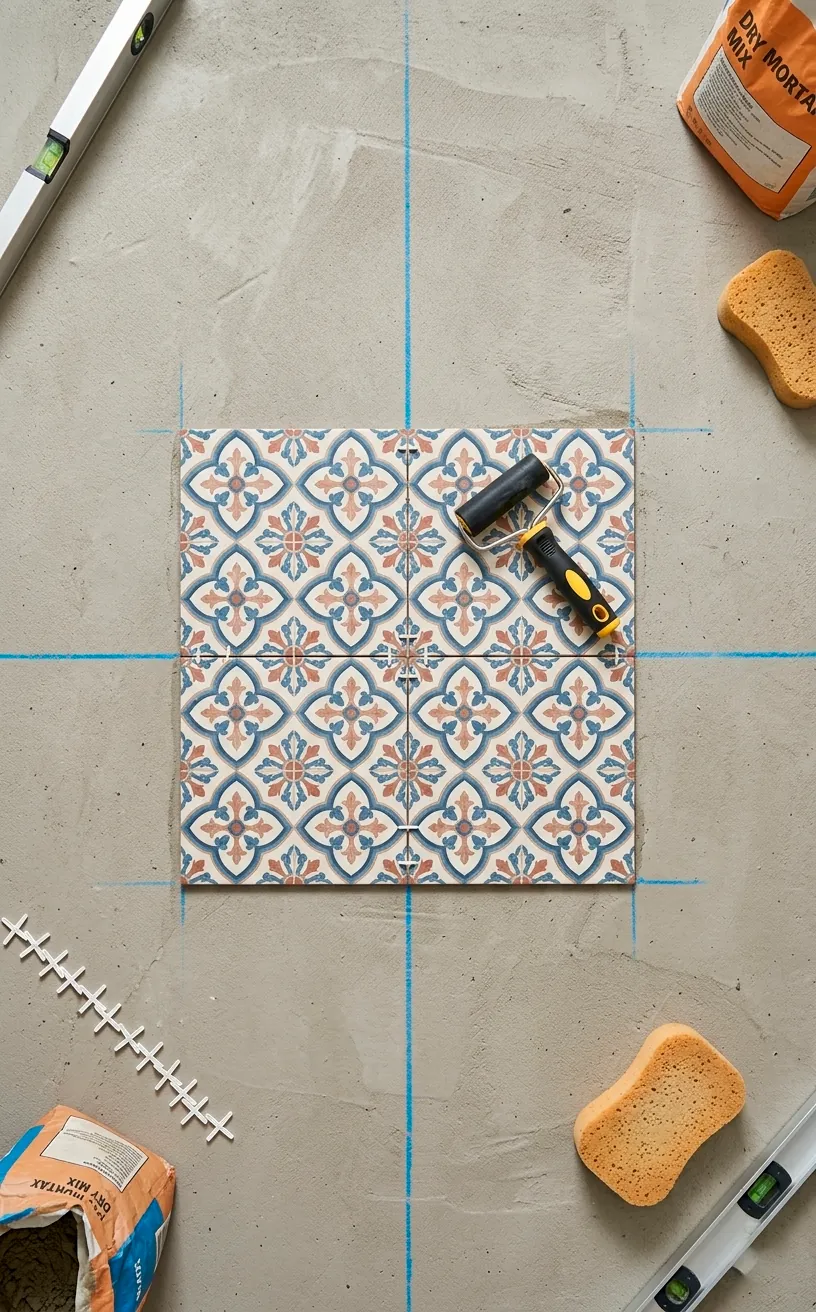 Peel and stick tile installation starting from the center of the bathroom floor.