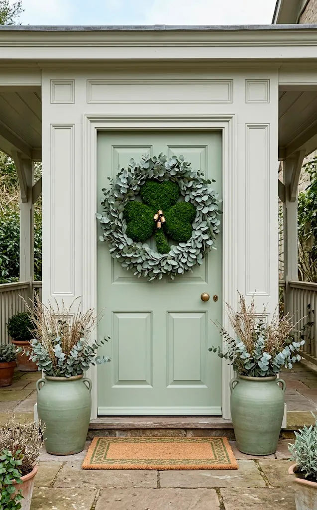 Moss shamrock wreath with a eucalyptus leaf border on a sage green door.