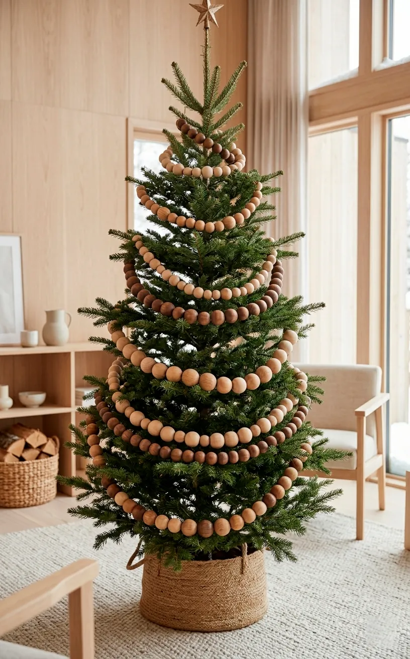 Scandinavian Christmas tree decorated with natural wood bead garlands.