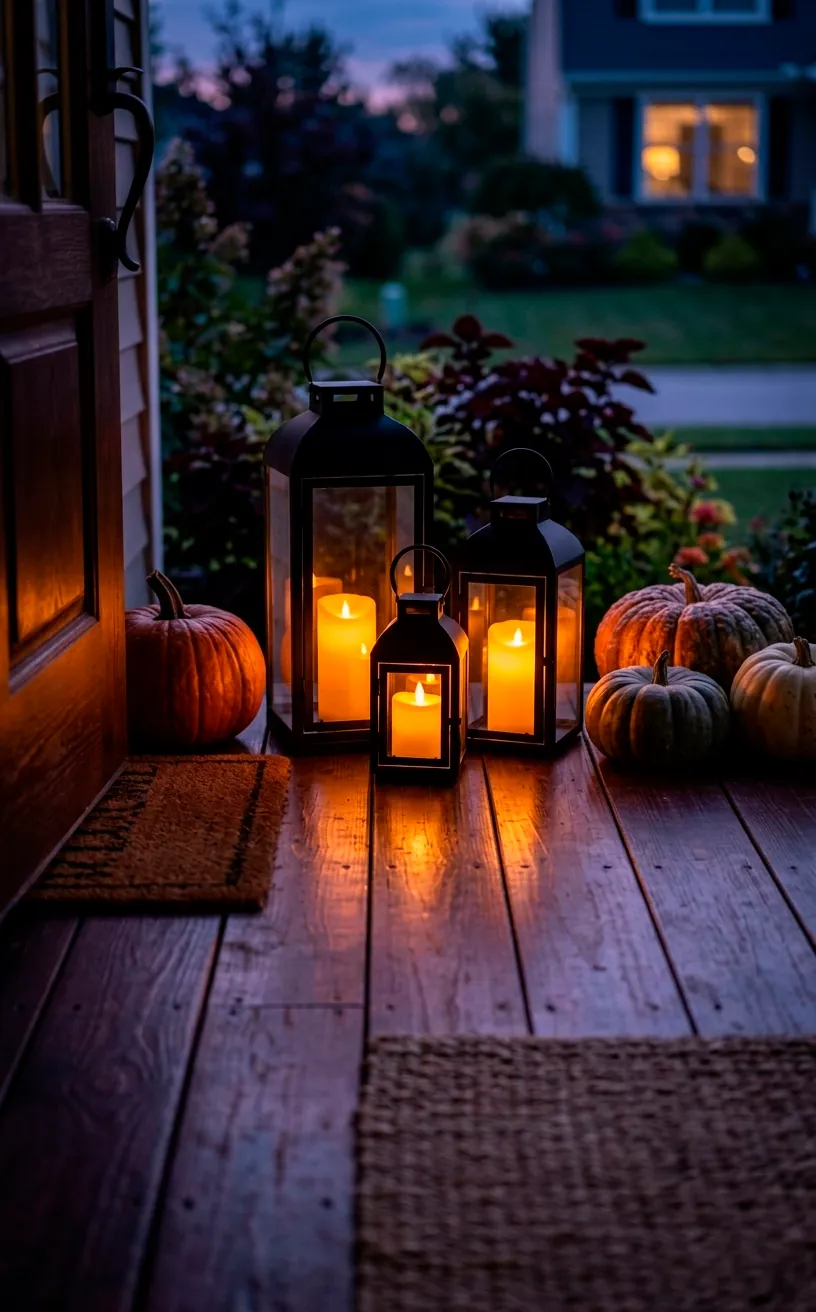 Group of black metal lanterns with warm glowing candles on a porch at night.