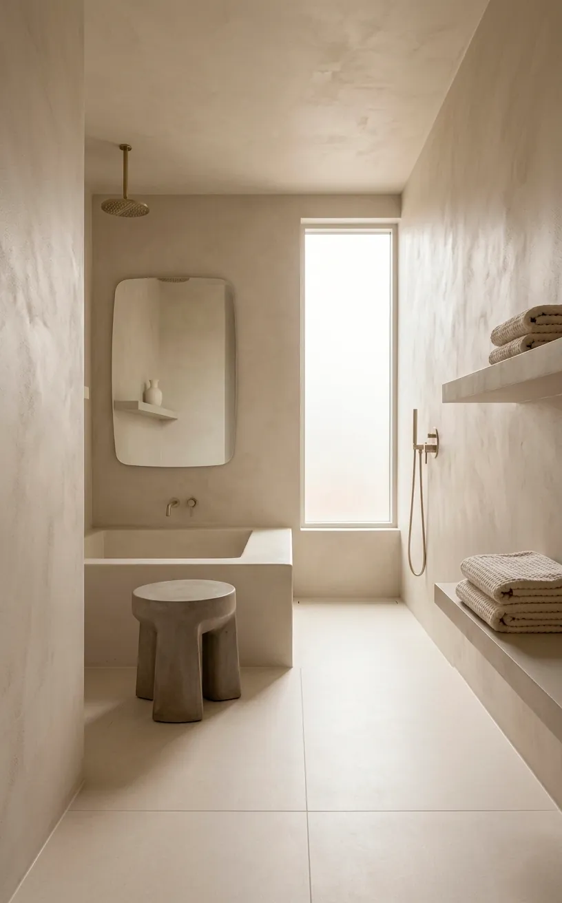 Monochromatic greige minimalist bathroom with soft textures and peaceful ambient lighting.