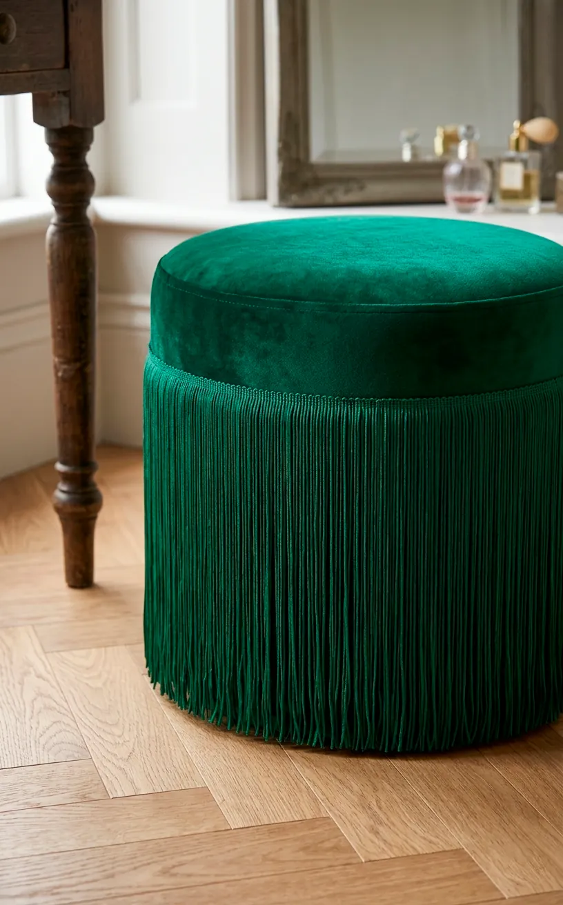 A luxury round emerald green velvet vanity stool featuring chic bohemian fringe details around the base.