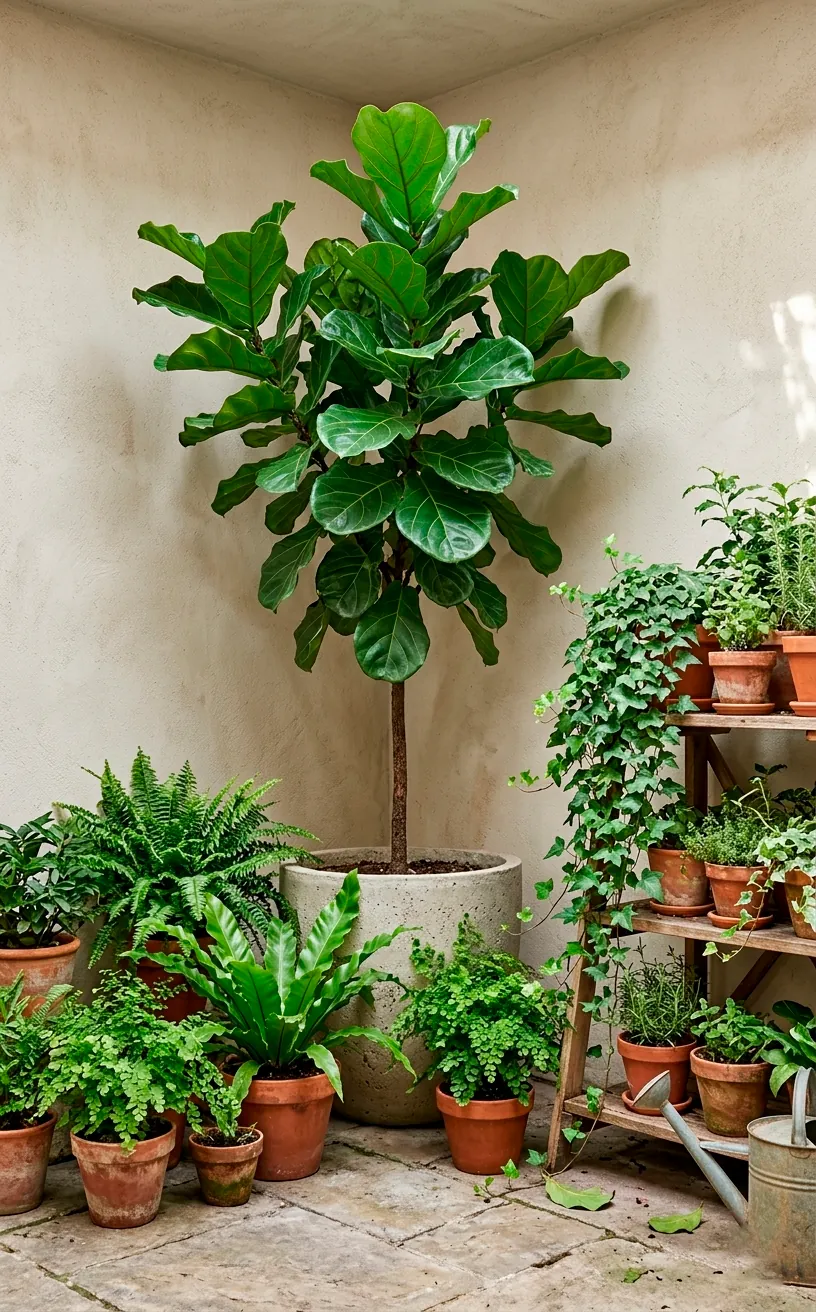 A collection of potted plants and trees layered at different heights on a patio.