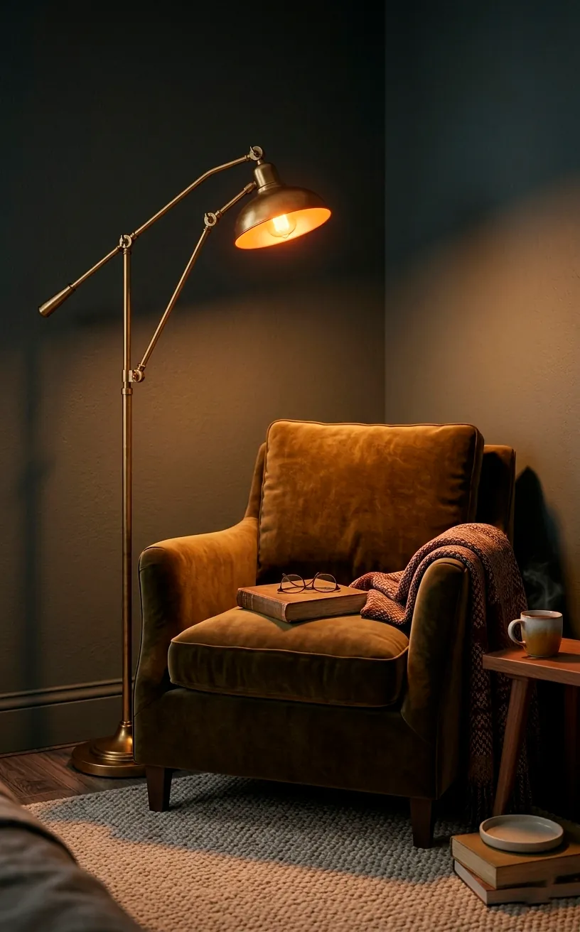 Adjustable brass floor lamp casting warm amber light over a reading chair.
