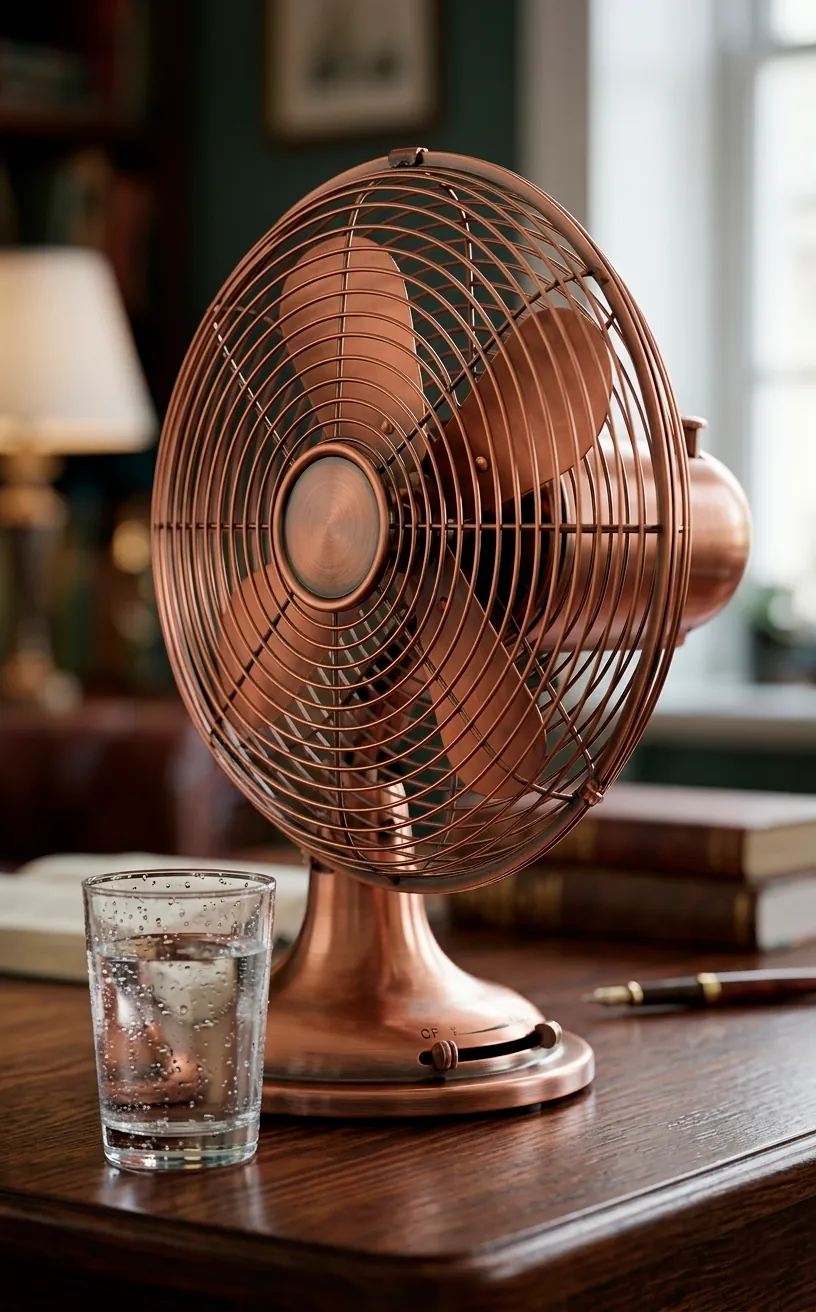 A vertical close-up of a vintage copper desk fan on a workspace, emphasizing style and cooling.