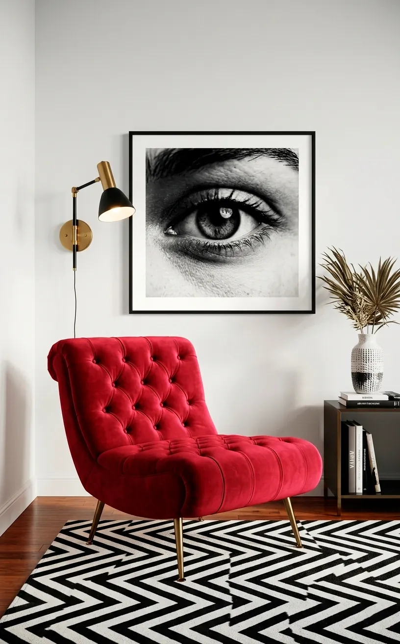 Ruby red velvet slipper chair with no arms in a modern minimalist room.
