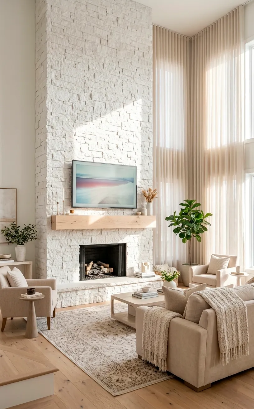 Bright white stacked stone fireplace wall with a birch wood mantel and TV.