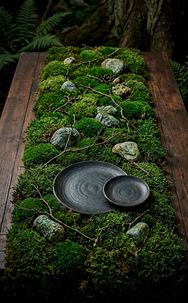 Table runner made of real green forest moss and lichen-covered stones.