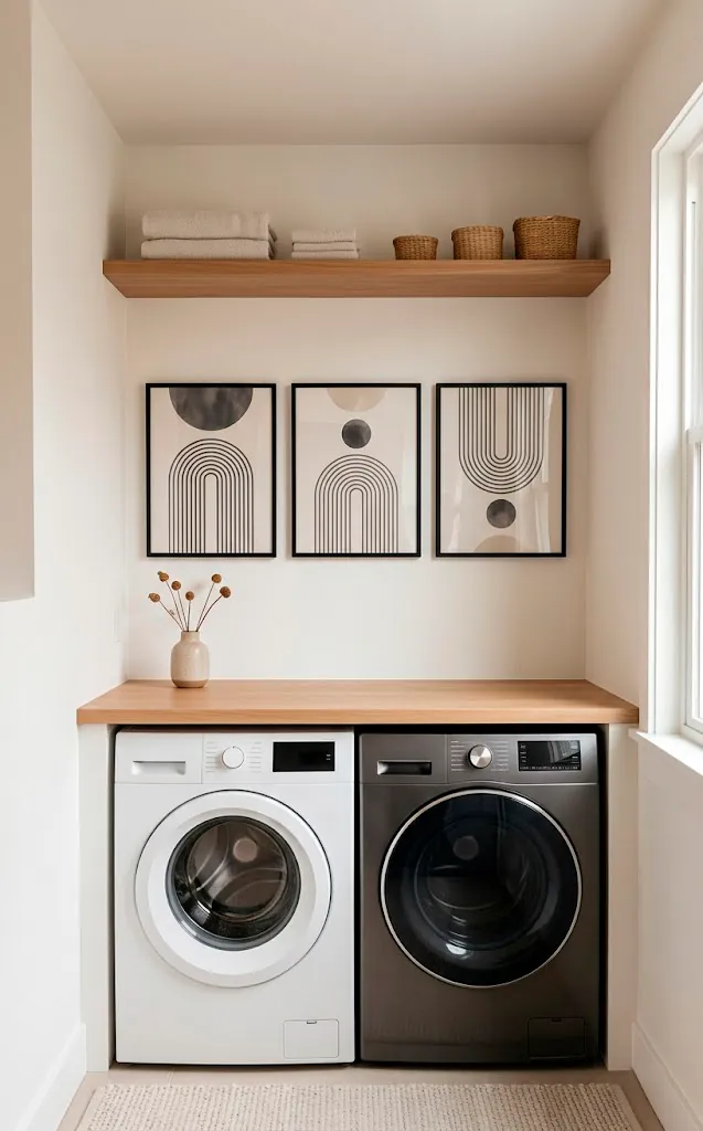 Bauhaus abstract geometric arc art prints framed on a laundry room wall above a clean countertop.