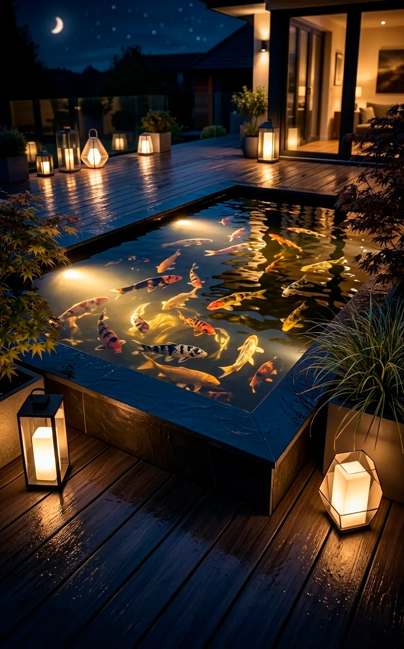 Submersible LED lighting in a modern deck pond at night.