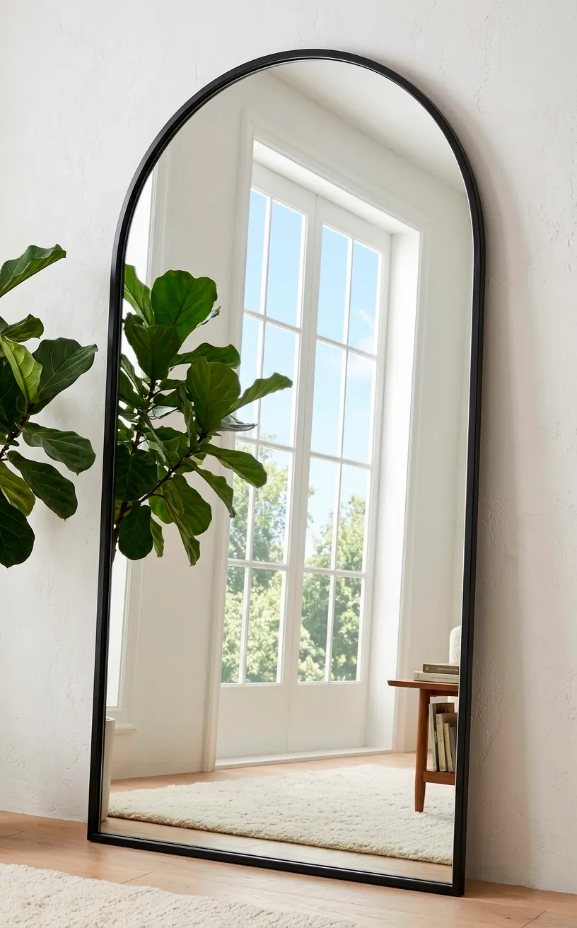 Large arched floor mirror in a studio apartment reflecting natural light.