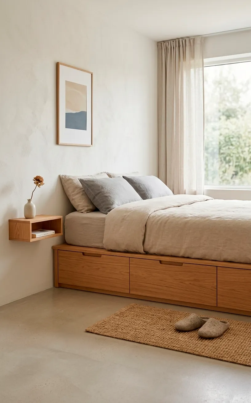 Flush platform bed frame with integrated under-bed storage drawers in a compact modern bedroom.