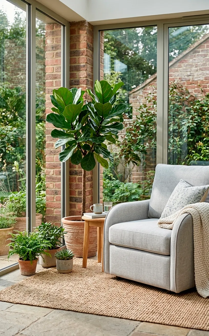 Light grey linen convertible sleeper armchair folding chair tucked into a bright sunroom corner.