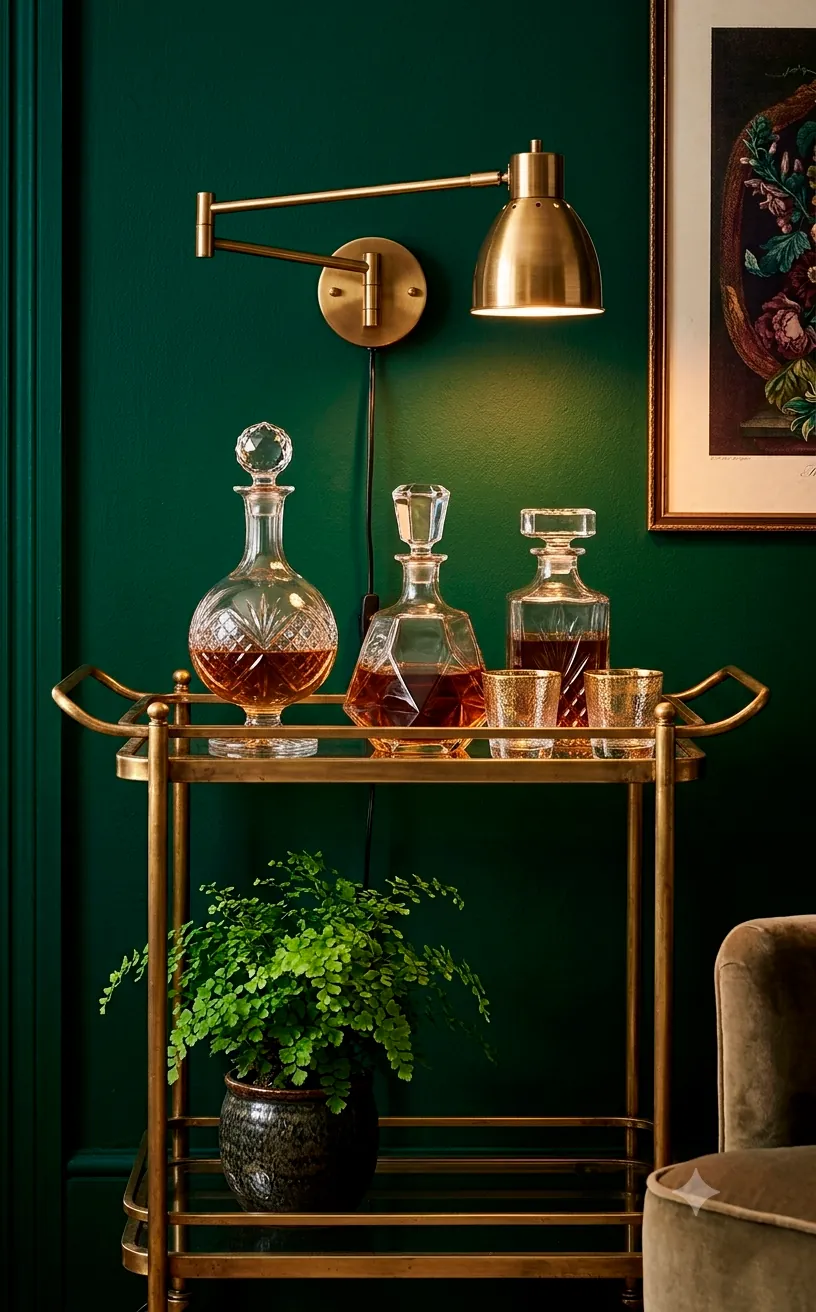 Vintage brass bar cart with crystal glasses and a fern against a dark emerald green wall.