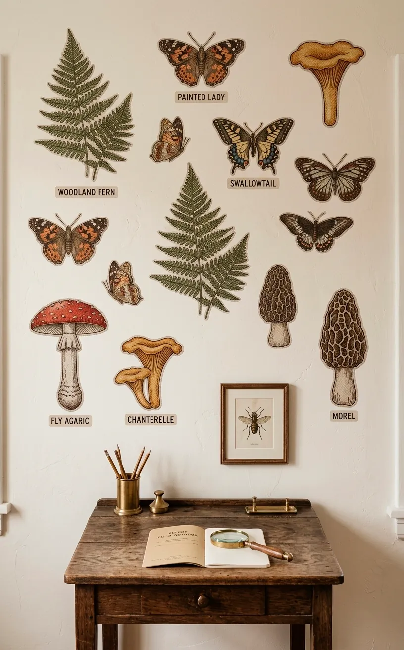 Vintage style kids bedroom wall decorated with fabric botanical and mushroom illustrator decals.