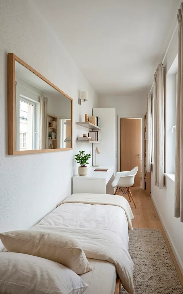 Long and narrow bedroom layout with bed and desk placed along the same long wall.