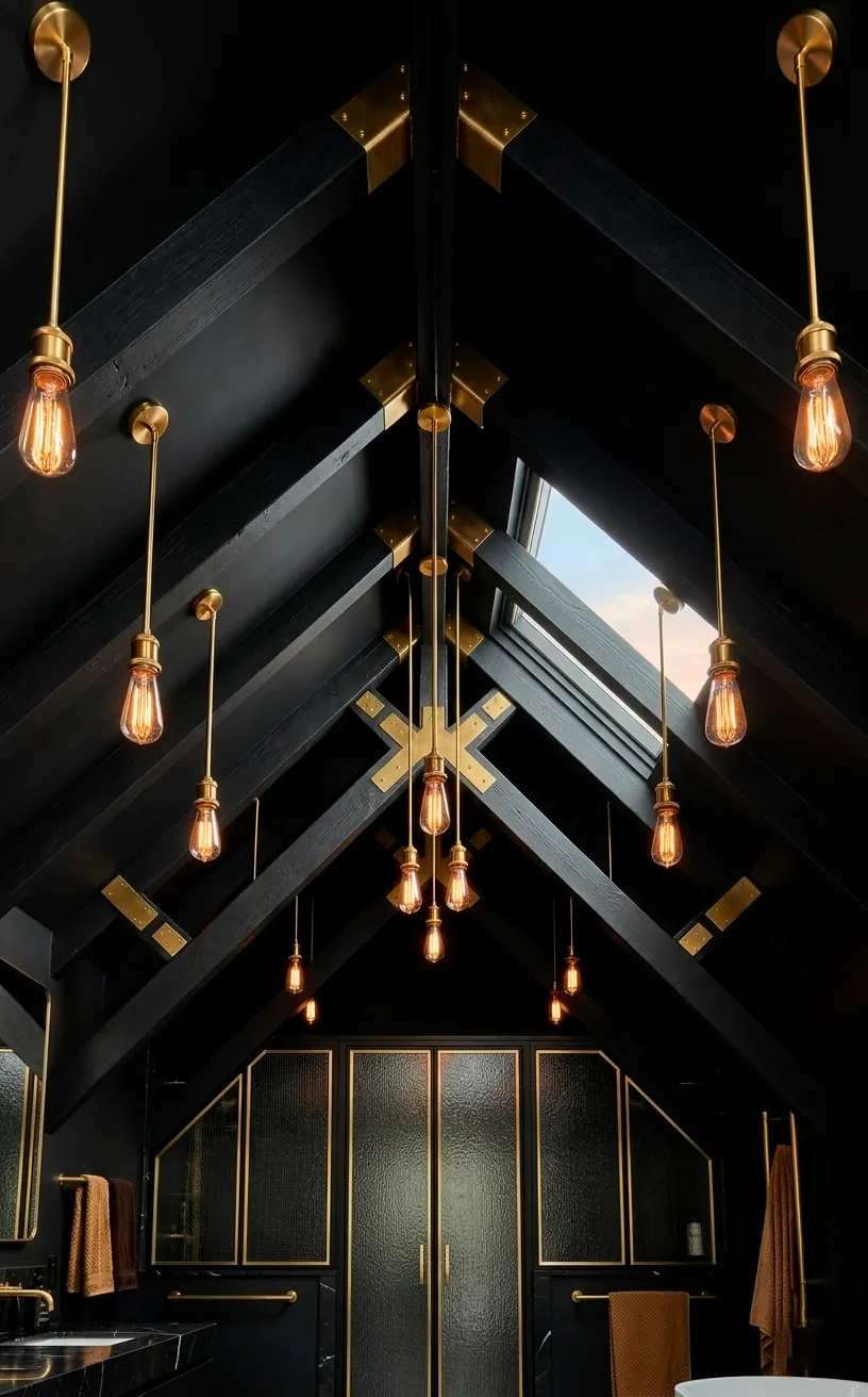 Black painted attic beams with gold hardware and hanging gold pendant lights.