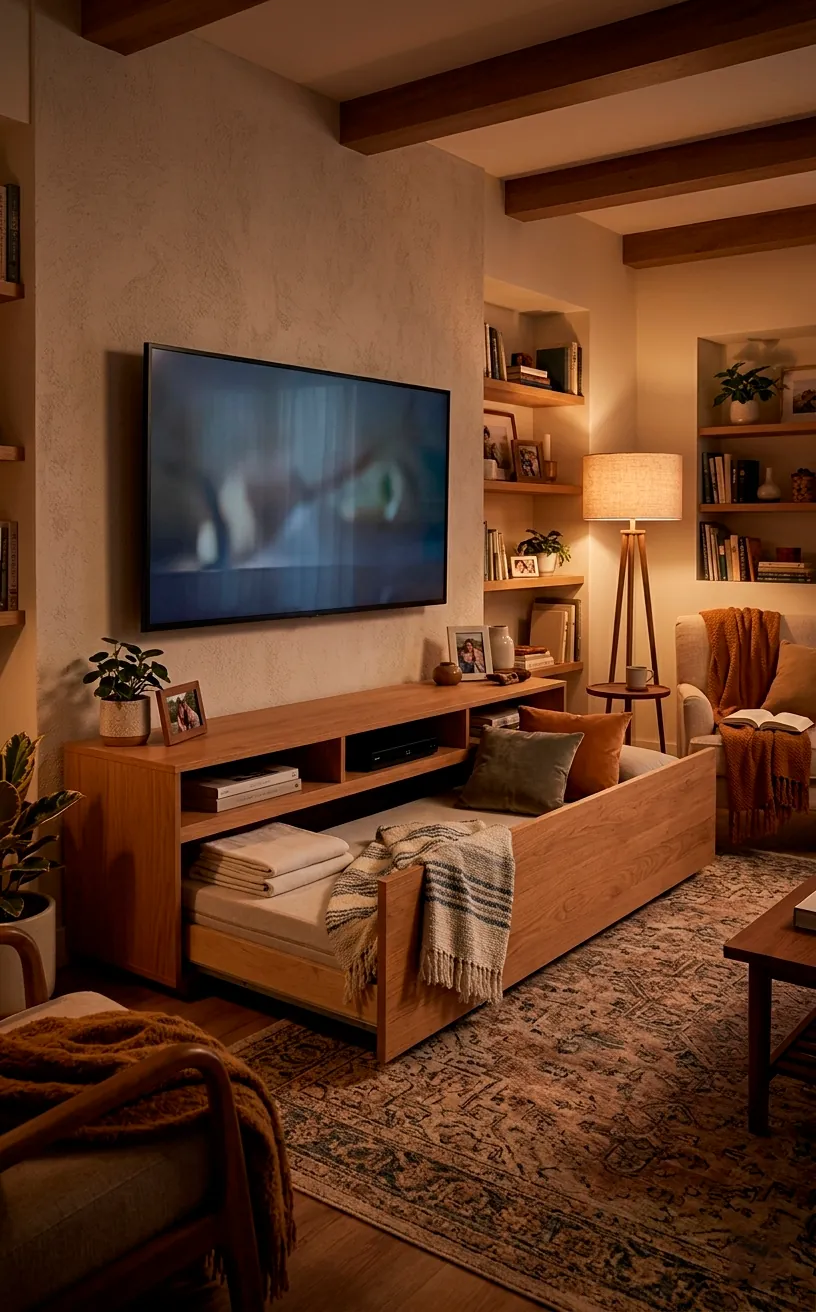 Horizontal chest Murphy bed disguised as a TV media console.