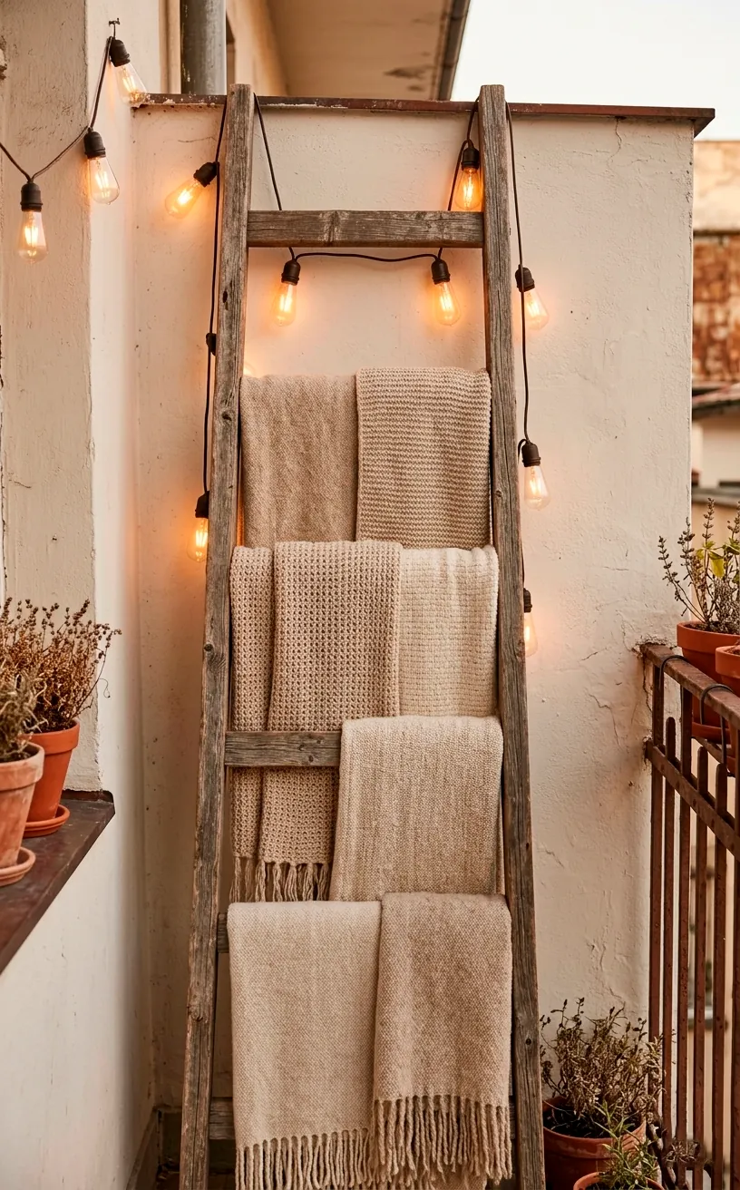 A rustic reclaimed wood blanket ladder holding cozy beige wool throws on a balcony.