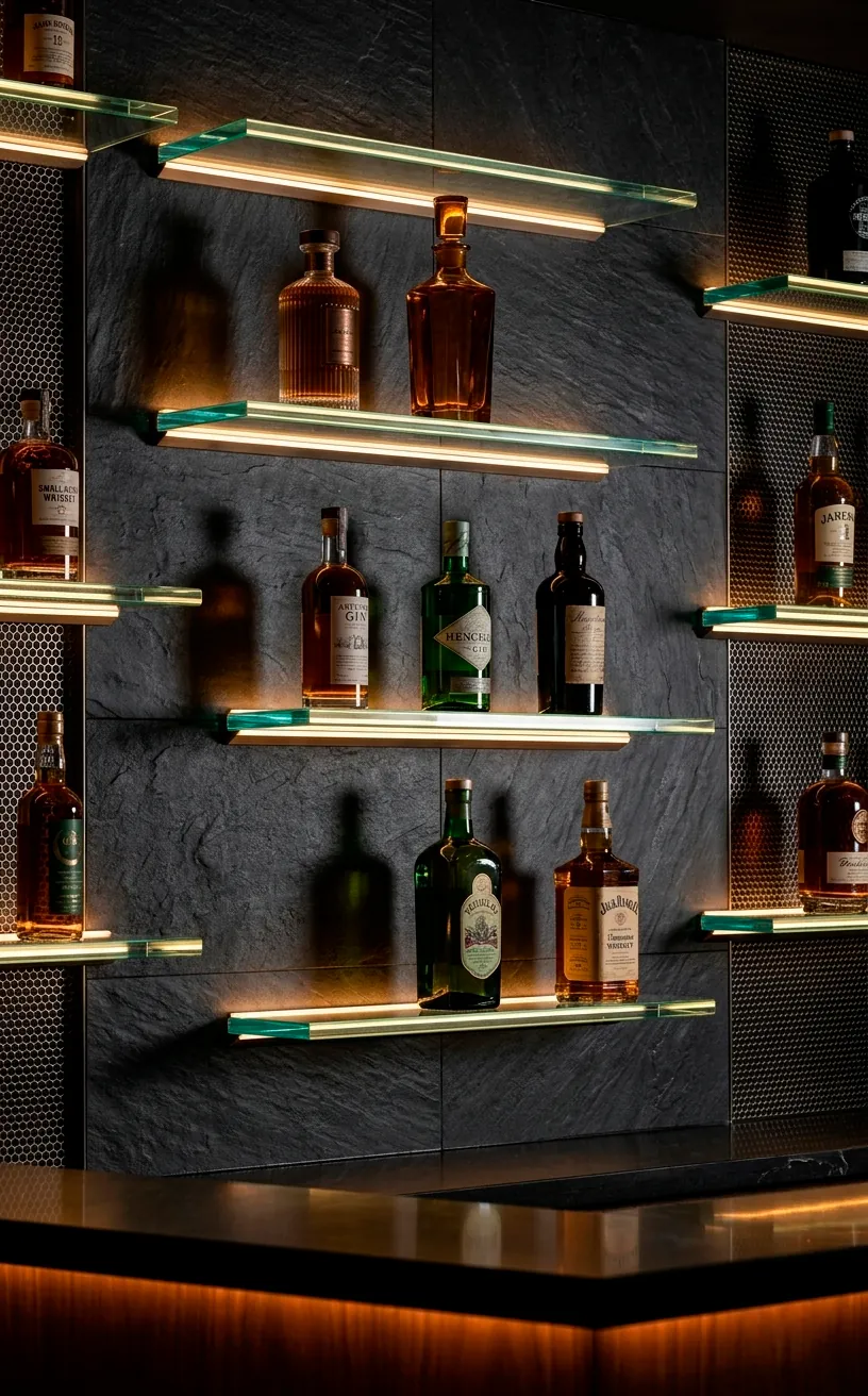 Hidden LED strip lighting illuminating floating glass shelves and premium liquor bottles in a home bar.