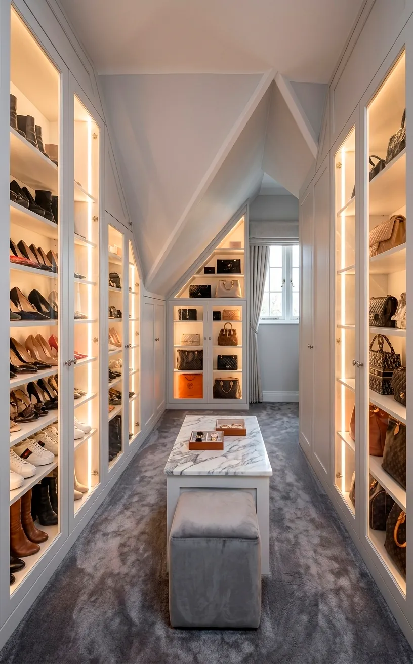 Boutique style attic dressing room with custom LED-lit wardrobes.