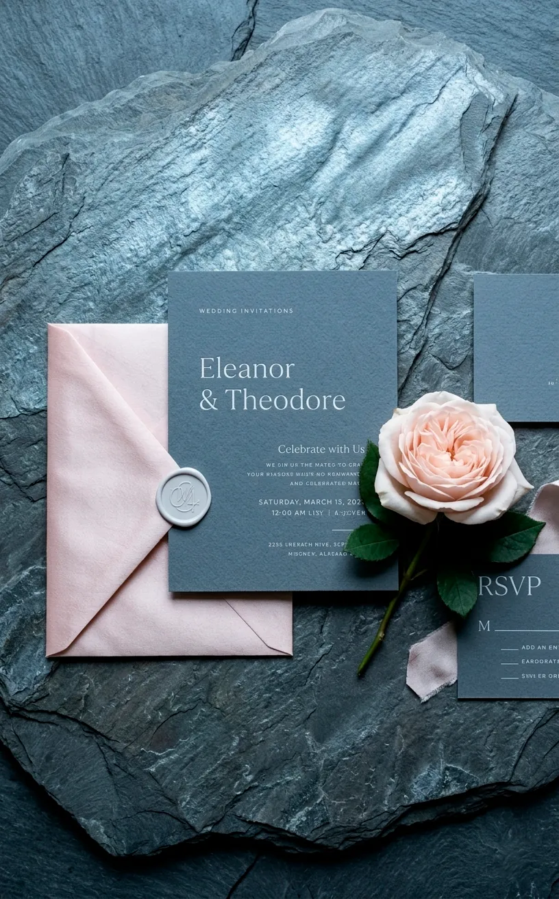 Modern slate grey and blush pink wedding invitation suite on stone.