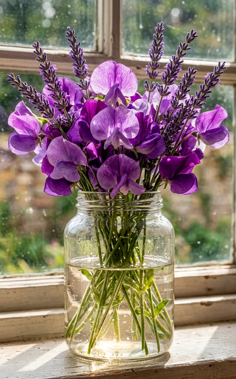 Purple sweet peas and lavender arranged in a glass apothecary jar on a windowsill.