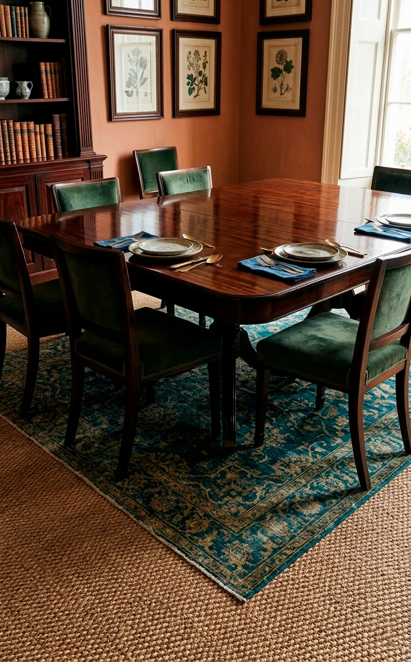 Vintage teal Persian rug layered over a natural sisal rug in a luxury dining room.