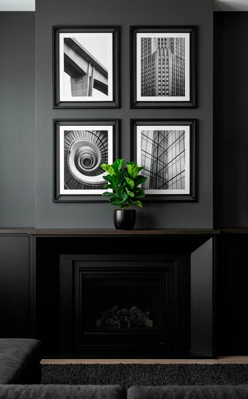 Symmetrical 2x2 gallery wall with black and white photography above a black fireplace.