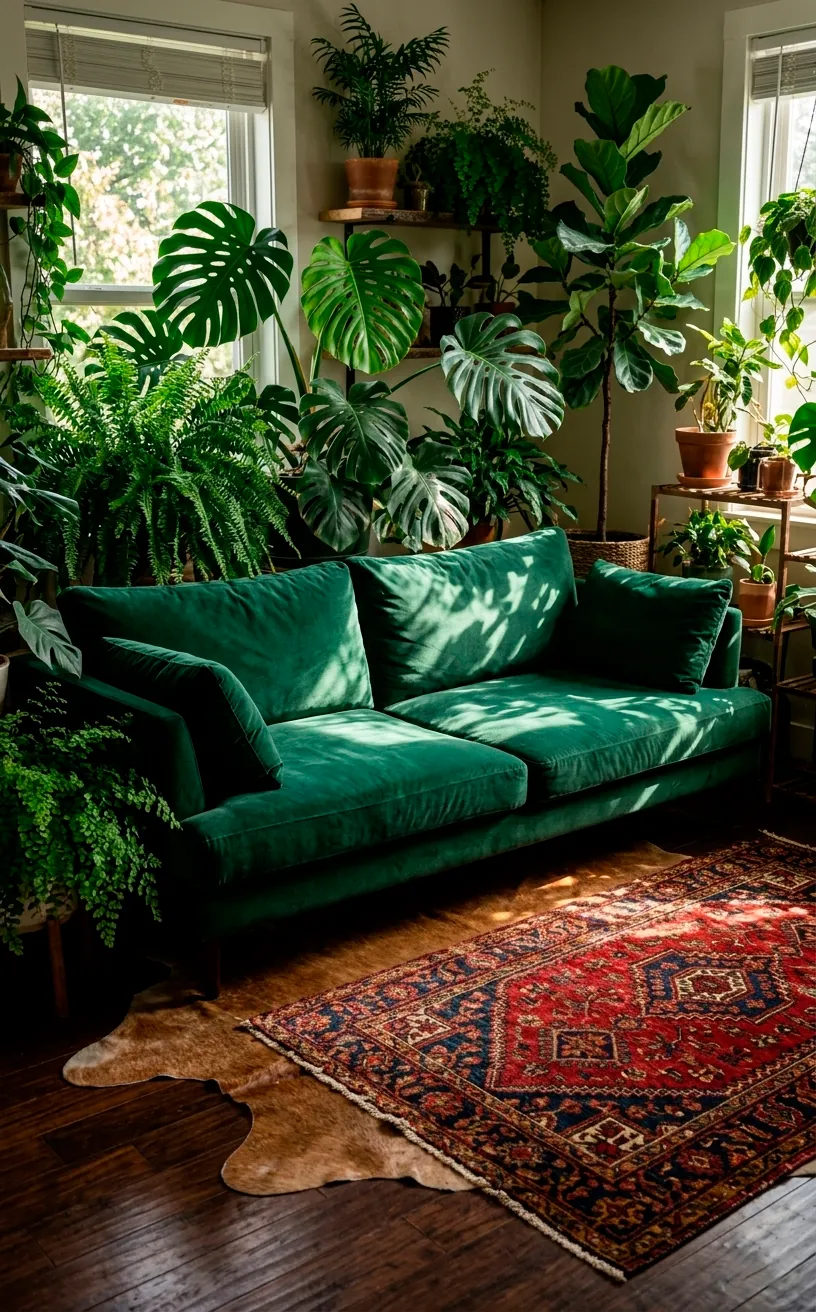 Low-profile emerald green velvet sofa with oversized cushions in a bohemian room full of plants.
