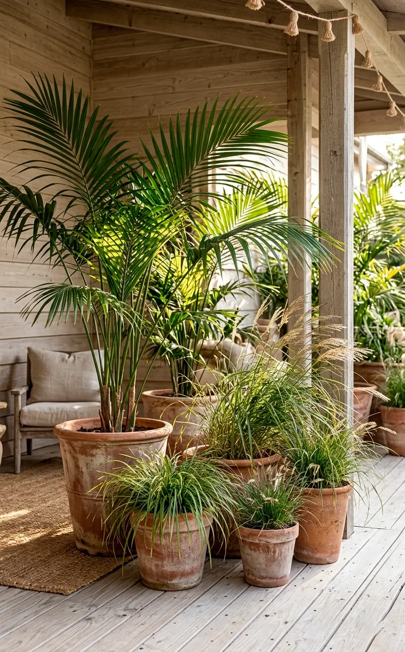 Potted Majesty palms and ornamental grasses in weathered terracotta planters on a porch.