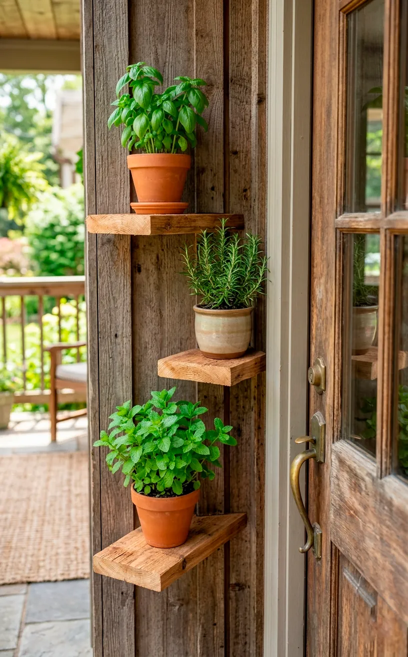 Staggered cedar floating shelves holding a vertical fresh herb garden on a modern small front porch.