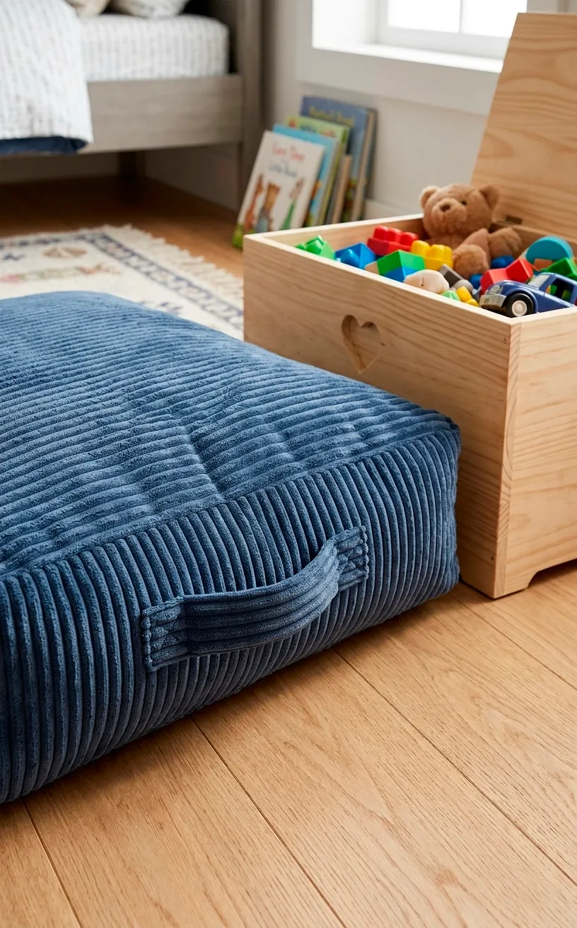 Large navy blue ribbed corduroy floor cushion with a handle sitting on a light wood kids room floor.
