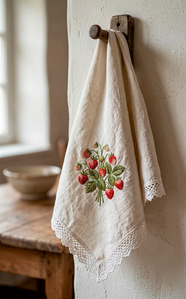 Hand-embroidered vintage linen tea towel with strawberry motifs hanging on a wooden peg.