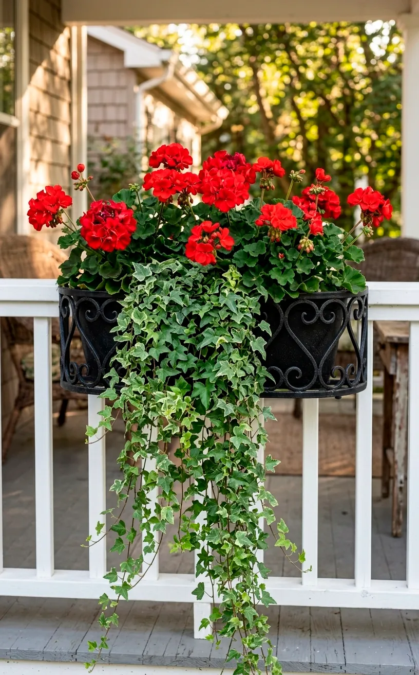 Wrought iron window box filled with bright red geraniums and trailing green ivy.