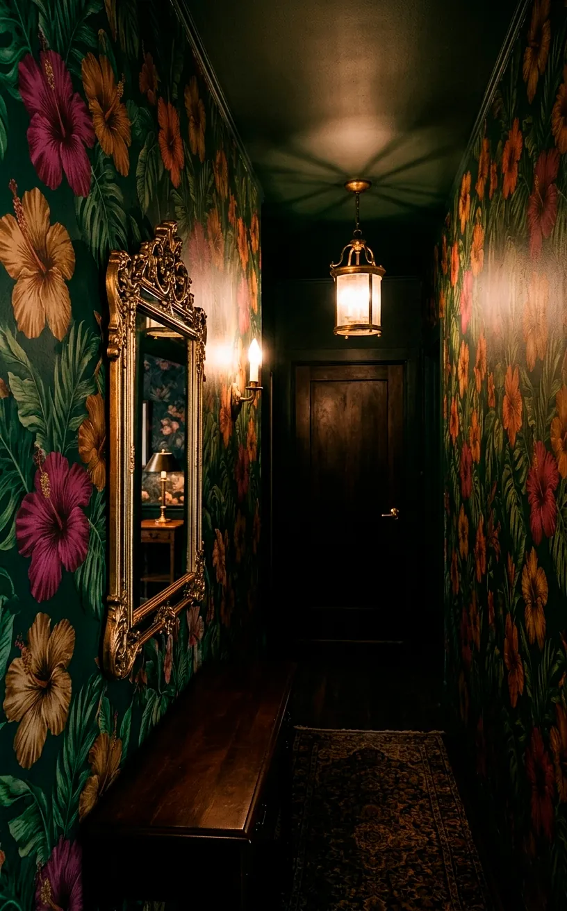Dark green botanical floral wallpaper in a hallway with a gold mirror.