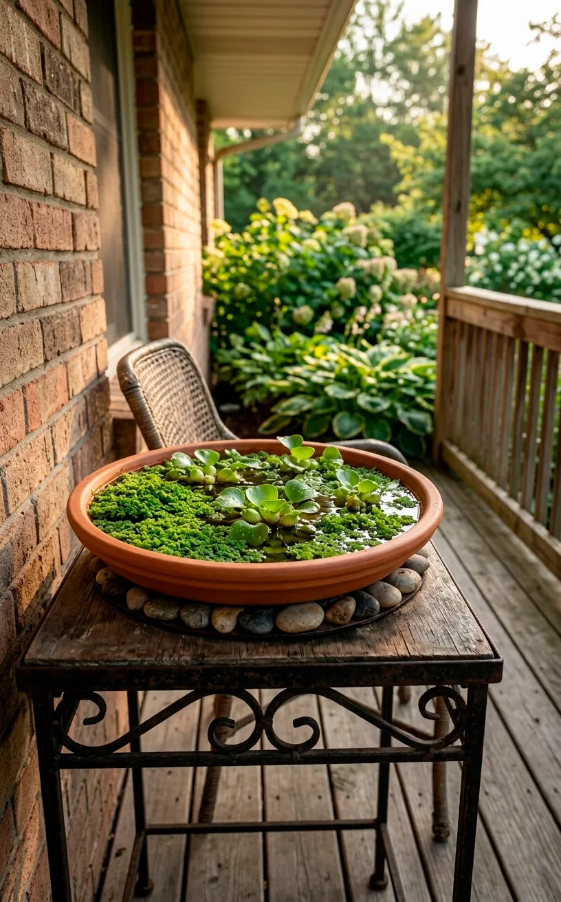 A tabletop terracotta saucer mini pond with fairy moss and water hyacinths on a porch side table.